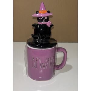 Rae Dunn Halloween "Beware" Lidded Topper Witch Cat Mug Black Purple New